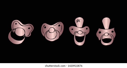 Vector Illustration of Rose Gold Set Collection of Baby Pacifier Icons. Graphic Design For Background, Poster, Card, Wallpaper, Decoration, Template, Logo and More. 