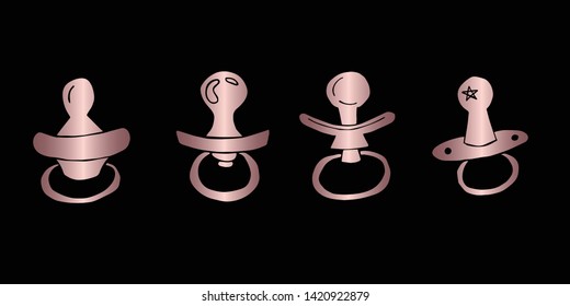 Vector Illustration of Rose Gold Set Collection of Baby Pacifier Icons. Graphic Design For Background, Poster, Card, Wallpaper, Decoration, Template, Logo and More. 