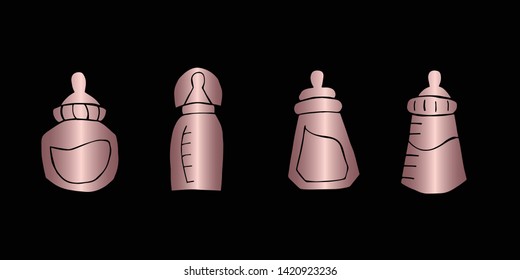 Vector Illustration of Rose Gold Set Collection of Baby Bottle Milk Icons. Graphic Design For Background, Poster, Card, Wallpaper, Decoration, Template, Logo and More. 