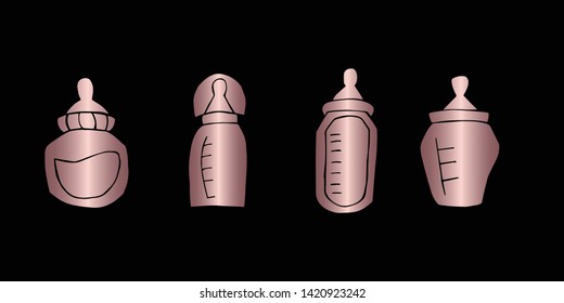Vector Illustration of Rose Gold Set Collection of Baby Bottle Milk Icons. Graphic Design For Background, Poster, Card, Wallpaper, Decoration, Template, Logo and More. 