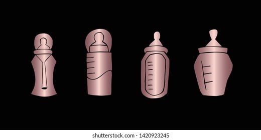 Vector Illustration of Rose Gold Set Collection of Baby Bottle Milk Icons. Graphic Design For Background, Poster, Card, Wallpaper, Decoration, Template, Logo and More. 