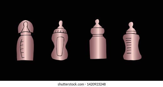 Vector Illustration of Rose Gold Set Collection of Baby Bottle Milk Icons. Graphic Design For Background, Poster, Card, Wallpaper, Decoration, Template, Logo and More. 