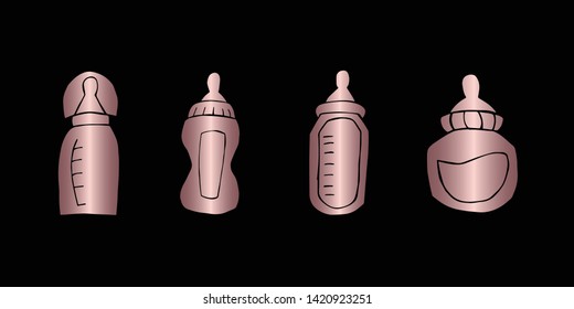 Vector Illustration of Rose Gold Set Collection of Baby Bottle Milk Icons. Graphic Design For Background, Poster, Card, Wallpaper, Decoration, Template, Logo and More. 