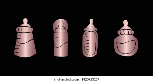 Vector Illustration of Rose Gold Set Collection of Baby Bottle Milk Icons. Graphic Design For Background, Poster, Card, Wallpaper, Decoration, Template, Logo and More. 