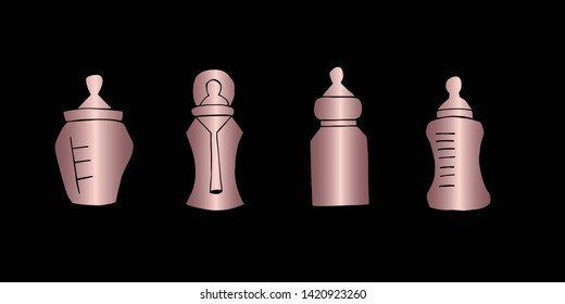 Vector Illustration of Rose Gold Set Collection of Baby Bottle Milk Icons. Graphic Design For Background, Poster, Card, Wallpaper, Decoration, Template, Logo and More. 