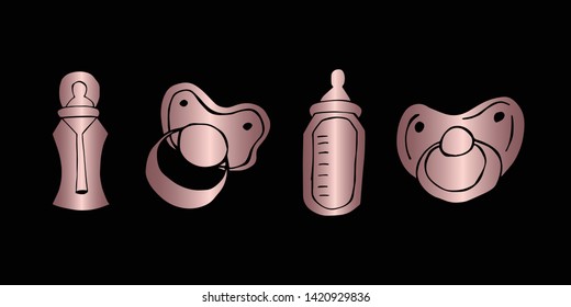 Vector Illustration of Rose Gold Set Collection of Baby Bottle Milk and Pacifier Icons. Graphic Design For Background, Poster, Card, Wallpaper, Decoration, Template, Logo and More. 