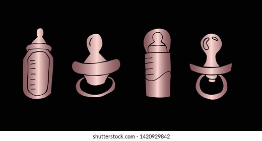 Vector Illustration of Rose Gold Set Collection of Baby Bottle Milk and Pacifier Icons. Graphic Design For Background, Poster, Card, Wallpaper, Decoration, Template, Logo and More. 