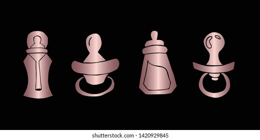 Vector Illustration of Rose Gold Set Collection of Baby Bottle Milk and Pacifier Icons. Graphic Design For Background, Poster, Card, Wallpaper, Decoration, Template, Logo and More. 