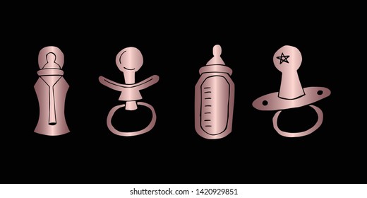 Vector Illustration of Rose Gold Set Collection of Baby Bottle Milk and Pacifier Icons. Graphic Design For Background, Poster, Card, Wallpaper, Decoration, Template, Logo and More. 