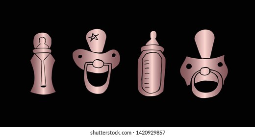 Vector Illustration of Rose Gold Set Collection of Baby Bottle Milk and Pacifier Icons. Graphic Design For Background, Poster, Card, Wallpaper, Decoration, Template, Logo and More. 