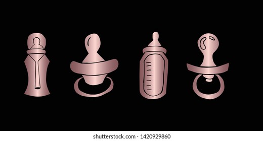 Vector Illustration of Rose Gold Set Collection of Baby Bottle Milk and Pacifier Icons. Graphic Design For Background, Poster, Card, Wallpaper, Decoration, Template, Logo and More. 