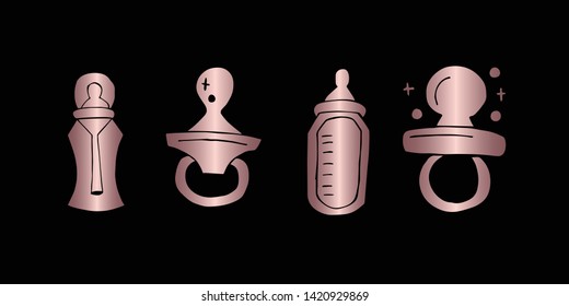 Vector Illustration of Rose Gold Set Collection of Baby Bottle Milk and Pacifier Icons. Graphic Design For Background, Poster, Card, Wallpaper, Decoration, Template, Logo and More. 