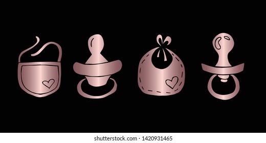 Vector Illustration of Rose Gold Set Collection of Baby Bibs and Pacifier Icons. Graphic Design For Background, Poster, Card, Wallpaper, Decoration, Template, Logo and More. 