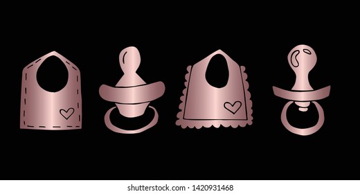 Vector Illustration of Rose Gold Set Collection of Baby Bibs and Pacifier Icons. Graphic Design For Background, Poster, Card, Wallpaper, Decoration, Template, Logo and More. 