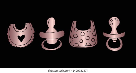 Vector Illustration of Rose Gold Set Collection of Baby Bibs and Pacifier Icons. Graphic Design For Background, Poster, Card, Wallpaper, Decoration, Template, Logo and More. 