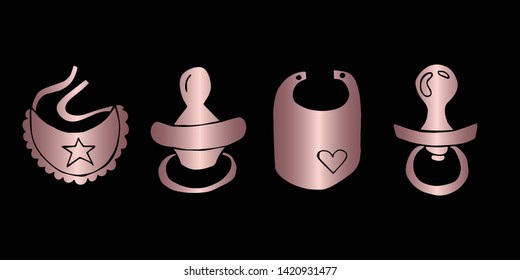 Vector Illustration of Rose Gold Set Collection of Baby Bibs and Pacifier Icons. Graphic Design For Background, Poster, Card, Wallpaper, Decoration, Template, Logo and More. 