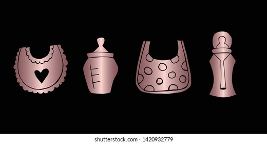 Vector Illustration of Rose Gold Set Collection of Baby Bibs and Bottle Milk Icons. Graphic Design For Background, Poster, Card, Wallpaper, Decoration, Template, Logo and More. 