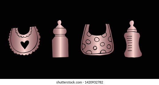 Vector Illustration of Rose Gold Set Collection of Baby Bibs and Bottle Milk Icons. Graphic Design For Background, Poster, Card, Wallpaper, Decoration, Template, Logo and More. 