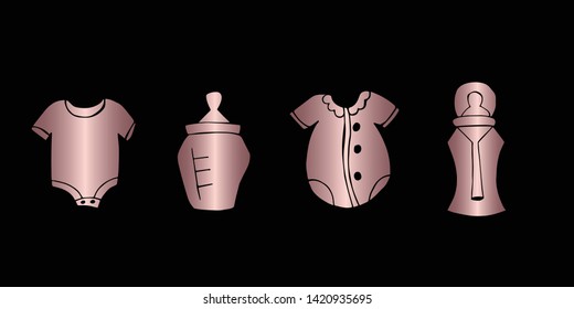 Vector Illustration of Rose Gold Set Collection of Baby Clothes and Bottle Milk Icons. Graphic Design For Background, Poster, Card, Wallpaper, Decoration, Template, Logo and More. 