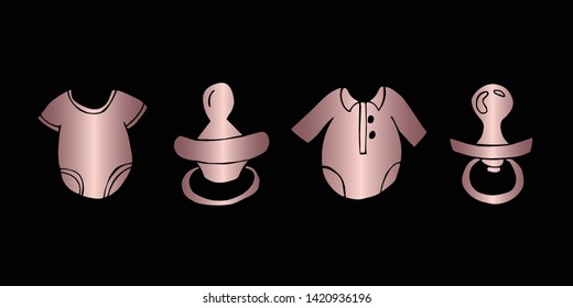 Vector Illustration of Rose Gold Set Collection of Baby Clothes and Pacifier Icons. Graphic Design For Background, Poster, Card, Wallpaper, Decoration, Template, Logo and More.