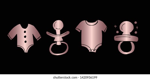 Vector Illustration of Rose Gold Set Collection of Baby Clothes and Pacifier Icons. Graphic Design For Background, Poster, Card, Wallpaper, Decoration, Template, Logo and More.
