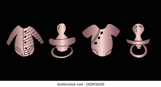 Vector Illustration of Rose Gold Set Collection of Baby Clothes and Pacifier Icons. Graphic Design For Background, Poster, Card, Wallpaper, Decoration, Template, Logo and More.