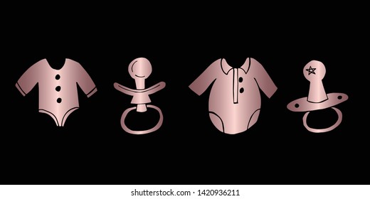 Vector Illustration of Rose Gold Set Collection of Baby Clothes and Pacifier Icons. Graphic Design For Background, Poster, Card, Wallpaper, Decoration, Template, Logo and More.