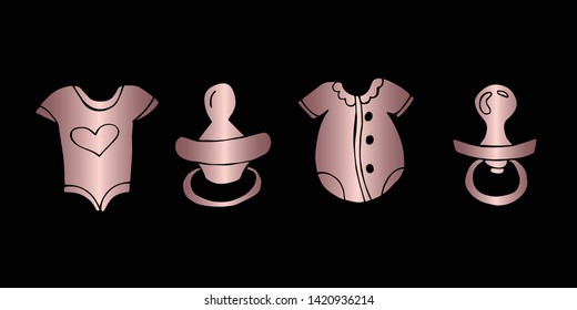 Vector Illustration of Rose Gold Set Collection of Baby Clothes and Pacifier Icons. Graphic Design For Background, Poster, Card, Wallpaper, Decoration, Template, Logo and More.