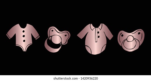 Vector Illustration of Rose Gold Set Collection of Baby Clothes and Pacifier Icons. Graphic Design For Background, Poster, Card, Wallpaper, Decoration, Template, Logo and More.