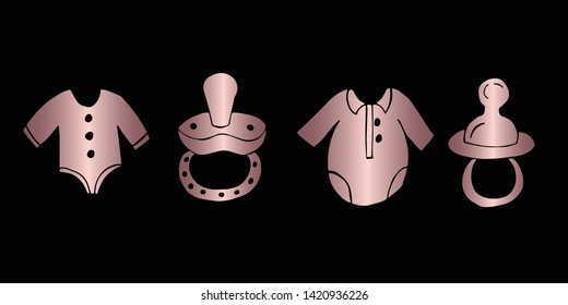 Vector Illustration of Rose Gold Set Collection of Baby Clothes and Pacifier Icons. Graphic Design For Background, Poster, Card, Wallpaper, Decoration, Template, Logo and More.