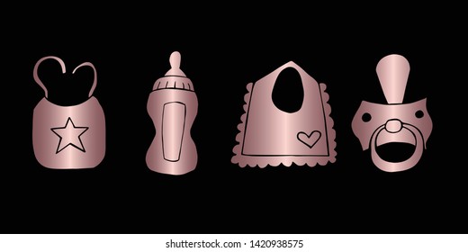Vector Illustration of Rose Gold Set Collection of Baby Bibs, Bottle Milk and Pacifier Icons. Graphic Design For Background, Poster, Card, Wallpaper, Decoration, Template, Logo and More.