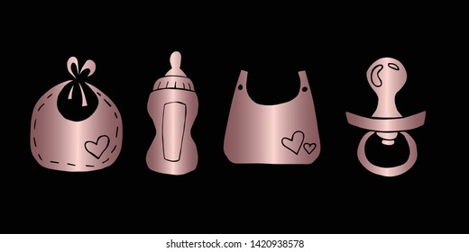 Vector Illustration of Rose Gold Set Collection of Baby Bibs, Bottle Milk and Pacifier Icons. Graphic Design For Background, Poster, Card, Wallpaper, Decoration, Template, Logo and More.