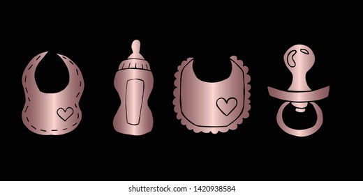 Vector Illustration of Rose Gold Set Collection of Baby Bibs, Bottle Milk and Pacifier Icons. Graphic Design For Background, Poster, Card, Wallpaper, Decoration, Template, Logo and More.