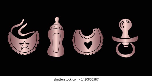 Vector Illustration of Rose Gold Set Collection of Baby Bibs, Bottle Milk and Pacifier Icons. Graphic Design For Background, Poster, Card, Wallpaper, Decoration, Template, Logo and More.