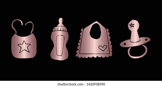 Vector Illustration of Rose Gold Set Collection of Baby Bibs, Bottle Milk and Pacifier Icons. Graphic Design For Background, Poster, Card, Wallpaper, Decoration, Template, Logo and More.