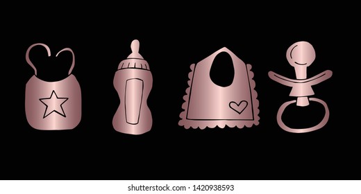 Vector Illustration of Rose Gold Set Collection of Baby Bibs, Bottle Milk and Pacifier Icons. Graphic Design For Background, Poster, Card, Wallpaper, Decoration, Template, Logo and More.