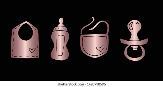 Vector Illustration of Rose Gold Set Collection of Baby Bibs, Bottle Milk and Pacifier Icons. Graphic Design For Background, Poster, Card, Wallpaper, Decoration, Template, Logo and More.