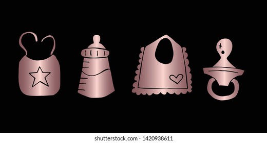 Vector Illustration of Rose Gold Set Collection of Baby Bibs, Bottle Milk and Pacifier Icons. Graphic Design For Background, Poster, Card, Wallpaper, Decoration, Template, Logo and More.
