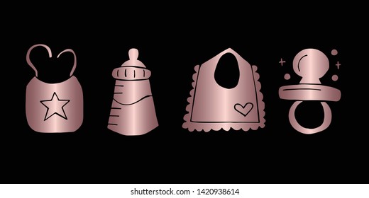 Vector Illustration of Rose Gold Set Collection of Baby Bibs, Bottle Milk and Pacifier Icons. Graphic Design For Background, Poster, Card, Wallpaper, Decoration, Template, Logo and More.