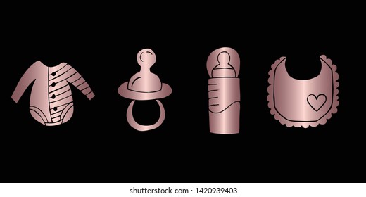 Vector Illustration of Rose Gold Set Collection of Baby Bibs, Bottle, Clothes and Pacifier Icons. Graphic Design For Background, Poster, Card, Wallpaper, Decoration, Template, Logo and More.