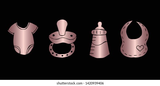 Vector Illustration of Rose Gold Set Collection of Baby Bibs, Bottle, Clothes and Pacifier Icons. Graphic Design For Background, Poster, Card, Wallpaper, Decoration, Template, Logo and More.