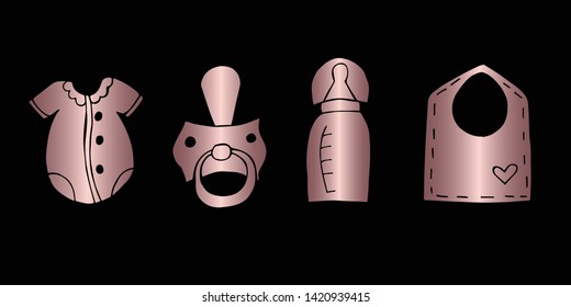 Vector Illustration of Rose Gold Set Collection of Baby Bibs, Bottle, Clothes and Pacifier Icons. Graphic Design For Background, Poster, Card, Wallpaper, Decoration, Template, Logo and More.