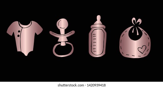 Vector Illustration of Rose Gold Set Collection of Baby Bibs, Bottle, Clothes and Pacifier Icons. Graphic Design For Background, Poster, Card, Wallpaper, Decoration, Template, Logo and More.