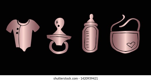 Vector Illustration of Rose Gold Set Collection of Baby Bibs, Bottle, Clothes and Pacifier Icons. Graphic Design For Background, Poster, Card, Wallpaper, Decoration, Template, Logo and More.