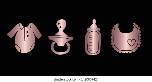 Vector Illustration of Rose Gold Set Collection of Baby Bibs, Bottle, Clothes and Pacifier Icons. Graphic Design For Background, Poster, Card, Wallpaper, Decoration, Template, Logo and More.