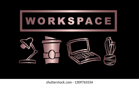 Vector Illustration of Rose Gold Workspace with Lamp, Coffee, Computer / Laptop and Cactus. Graphic Design Background for Print, Card, Poster and more. 