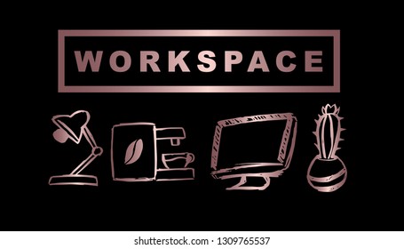 Vector Illustration of Rose Gold Workspace with Lamp, Coffee, Computer / Laptop and Cactus. Graphic Design Background for Print, Card, Poster and more. 