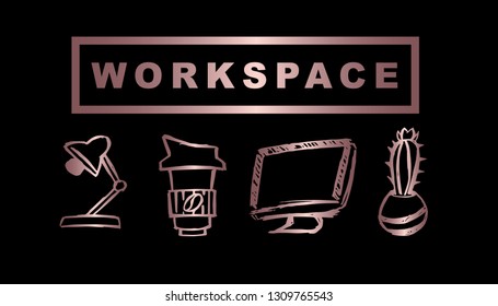 Vector Illustration of Rose Gold Workspace with Lamp, Coffee, Computer / Laptop and Cactus. Graphic Design Background for Print, Card, Poster and more. 