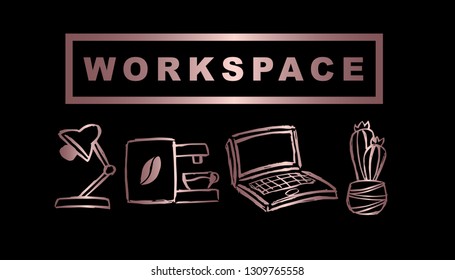 Vector Illustration of Rose Gold Workspace with Lamp, Coffee, Computer / Laptop and Cactus. Graphic Design Background for Print, Card, Poster and more. 