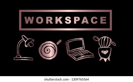 Vector Illustration of Rose Gold Workspace with Lamp, Coffee, Computer / Laptop and Cactus. Graphic Design Background for Print, Card, Poster and more. 